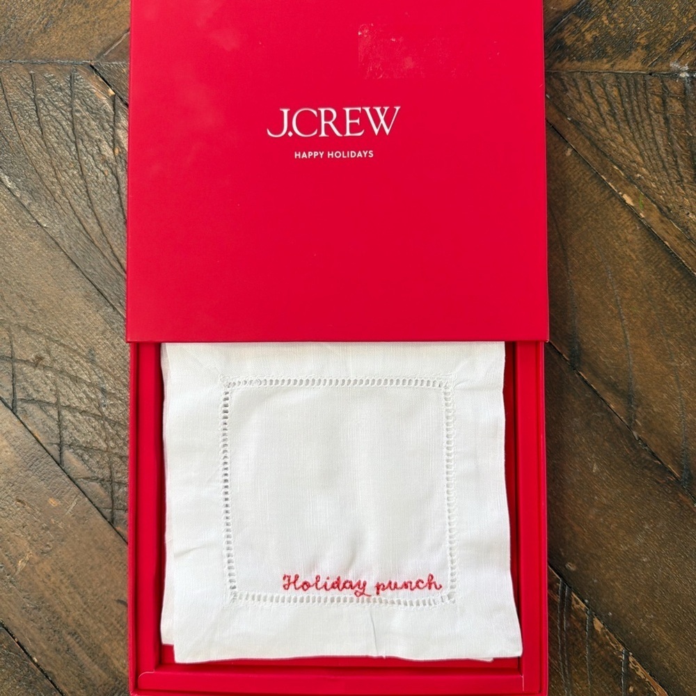 J. Crew Red and White Holiday Punch Embroidered Napkin Set